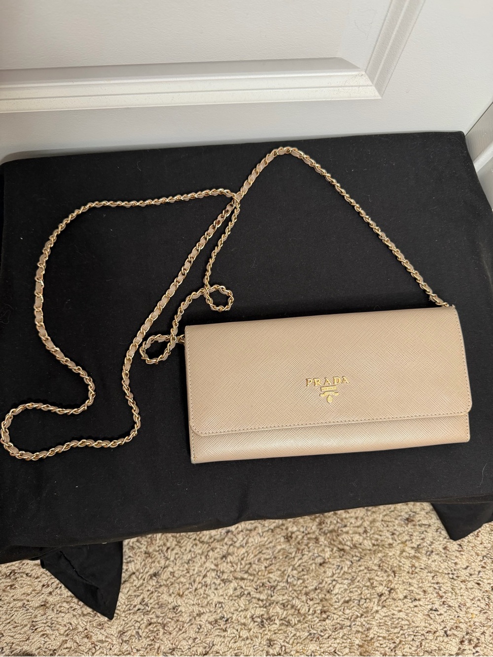 Prada Saffiano Leather Wallet on Chain Neutral Beige Gold Hardware